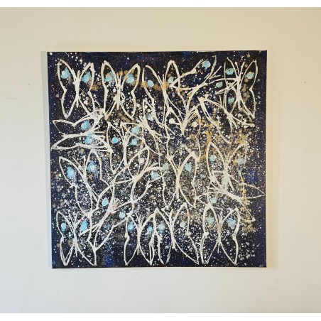 Tableau contemporain figuratif, acrylique sur toile 100x100cm papillons blancs et bleus.