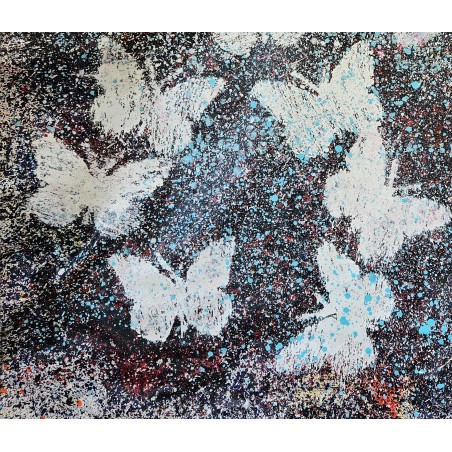 Peinture contemporaine, tableau moderne figuratif, acrylique sur toile 212x164cm intitulée: papillons blancs 2.