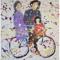 Peinture contemporaine, tableau moderne figuratif, acrylique sur toile 100x100cm représentant une famille sur un vélo