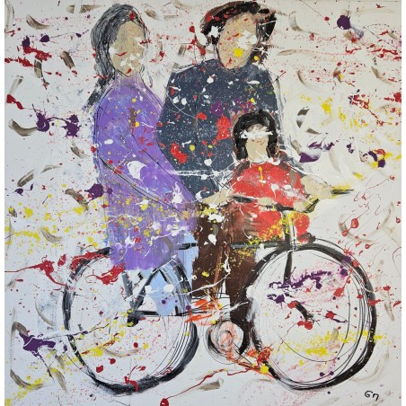 Peinture contemporaine, tableau moderne figuratif, acrylique sur toile 100x100cm représentant une famille sur un vélo