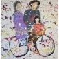 Peinture contemporaine, tableau moderne figuratif, acrylique sur toile 100x100cm représentant une famille sur un vélo Peinture contemporaine, tableau moderne figuratif, acrylique sur toile 100x100cm représentant une famille sur un vélo
