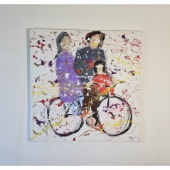 Peinture contemporaine, tableau moderne figuratif, acrylique sur toile 100x100cm représentant une famille sur un vélo