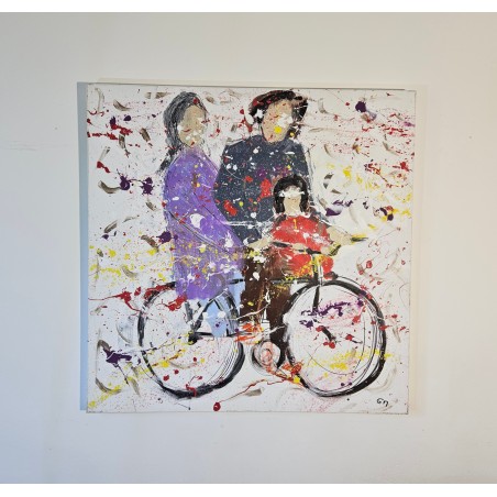Peinture contemporaine, tableau moderne figuratif, acrylique sur toile 100x100cm représentant une famille sur un vélo