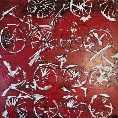 Peinture contemporaine, acrylique sur toile 100x100cm vélos blancs sur fond rouge