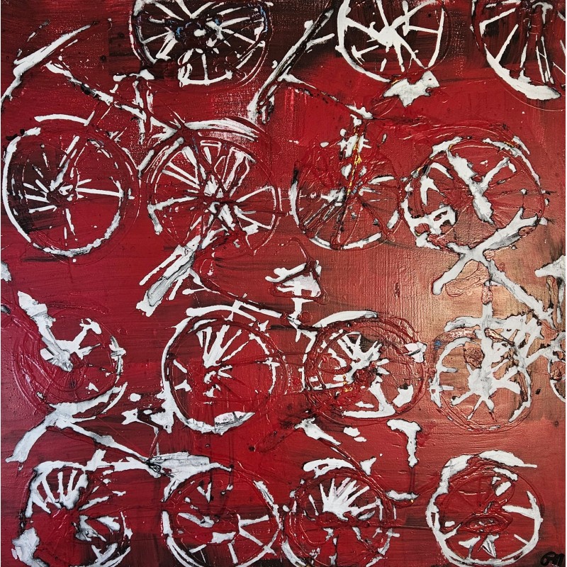 Peinture contemporaine, acrylique sur toile 100x100cm vélos blancs sur fond rouge Peinture contemporaine, acrylique sur toile 100x100cm vélos blancs sur fond rouge