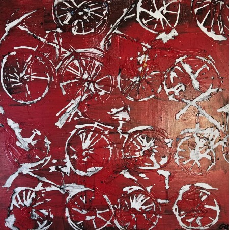 Peinture contemporaine, acrylique sur toile 100x100cm vélos blancs sur fond rouge