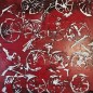 Peinture contemporaine, acrylique sur toile 100x100cm vélos blancs sur fond rouge Peinture contemporaine, acrylique sur toile 100x100cm vélos blancs sur fond rouge