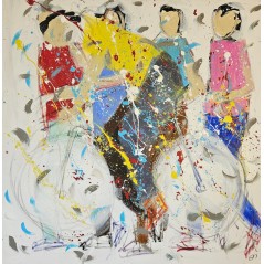 Tableau moderne, peinture contemporaine figurative, acrylique sur toile 100x100cm représentant le maillot jaune