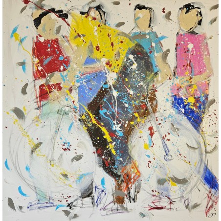 Tableau moderne, peinture contemporaine figurative, acrylique sur toile 100x100cm représentant le maillot jaune