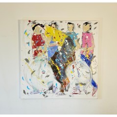 Tableau moderne, peinture contemporaine figurative, acrylique sur toile 100x100cm représentant le maillot jaune