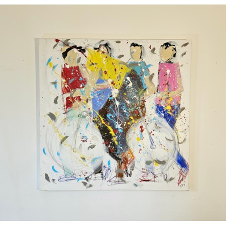 Tableau moderne, peinture contemporaine figurative, acrylique sur toile 100x100cm représentant le maillot jaune