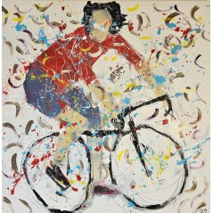 Peinture contemporaine, tableau moderne figuratif, acrylique sur toile 100x100cm intitulée: cycliste rouge en danseuse.