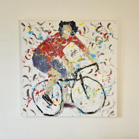 Peinture contemporaine, tableau moderne figuratif, acrylique sur toile 100x100cm intitulée: cycliste rouge en danseuse.