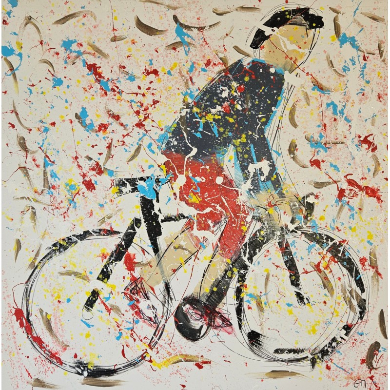 Peinture moderne, tableau contemporain figuratif, acrylique sur toile 100x100cm intitulée: cycliste en danseuse bleu.