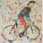Peinture moderne, tableau contemporain figuratif, acrylique sur toile 100x100cm intitulée: cycliste en danseuse bleu.