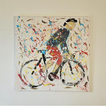 Peinture moderne, tableau contemporain figuratif, acrylique sur toile 100x100cm intitulée: cycliste en danseuse bleu.