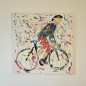 Peinture moderne, tableau contemporain figuratif, acrylique sur toile 100x100cm intitulée: cycliste en danseuse bleu.