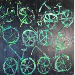 Peinture moderne, tableau contemporain figuratif, acrylique sur toile 100x100cm intitulée: vélos verts.