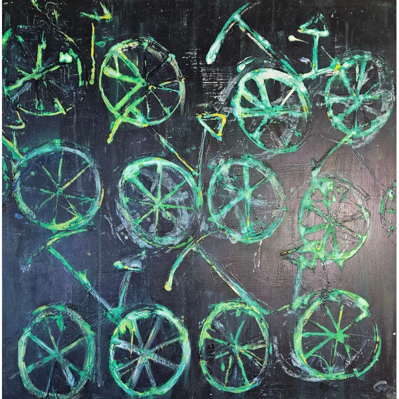 Peinture moderne, tableau contemporain figuratif, acrylique sur toile 100x100cm intitulée: vélos verts. Peinture moderne, tableau contemporain figuratif, acrylique sur toile 100x100cm intitulée: vélos verts.