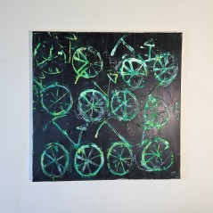 Peinture moderne, tableau contemporain figuratif, acrylique sur toile 100x100cm intitulée: vélos verts.