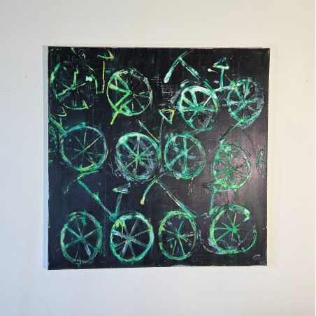 Peinture moderne, tableau contemporain figuratif, acrylique sur toile 100x100cm intitulée: vélos verts.