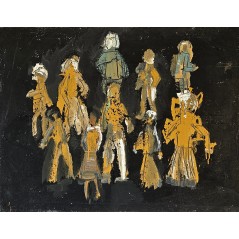 Peinture contemporaine, tableau moderne figuratif, acrylique et collage sur toile 116X89cm intitulée: scène de rue la nuit.