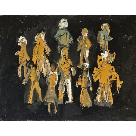 Peinture contemporaine, tableau moderne figuratif, acrylique et collage sur toile 116X89cm intitulée: scène de rue la nuit.