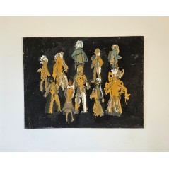 Peinture contemporaine, tableau moderne figuratif, acrylique et collage sur toile 116X89cm intitulée: scène de rue la nuit.