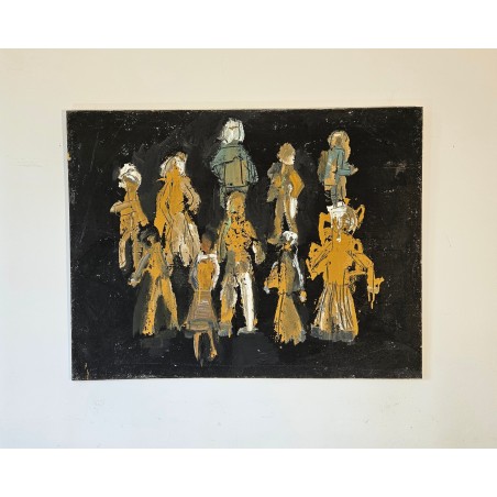 Peinture contemporaine, tableau moderne figuratif, acrylique et collage sur toile 116X89cm intitulée: scène de rue la nuit.