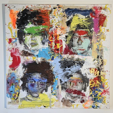 Peinture contemporaine, tableau moderne figuratif, pop art, acrylique et collage sur toile 100x100cm intitulée: Basquiat
