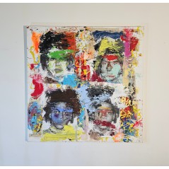 Peinture contemporaine, tableau moderne figuratif, pop art, acrylique et collage sur toile 100x100cm intitulée: Basquiat