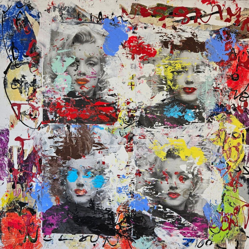 Peinture contemporaine, tableau moderne figuratif, pop art, acrylique et collage sur toile 100x100cm intitulée: Marilyn