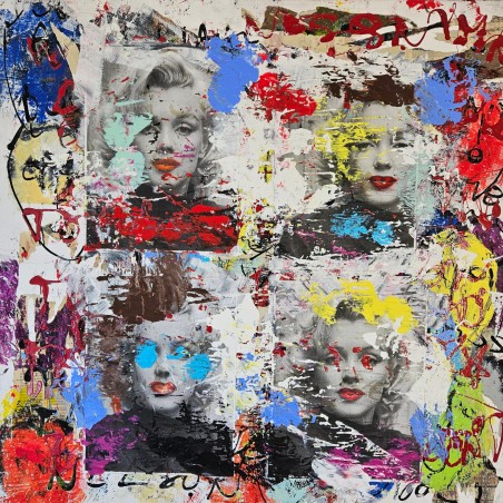 Peinture contemporaine, tableau moderne figuratif, pop art, acrylique et collage sur toile 100x100cm intitulée: Marilyn