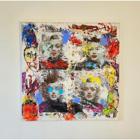Peinture contemporaine, tableau moderne figuratif, pop art, acrylique et collage sur toile 100x100cm intitulée: Marilyn