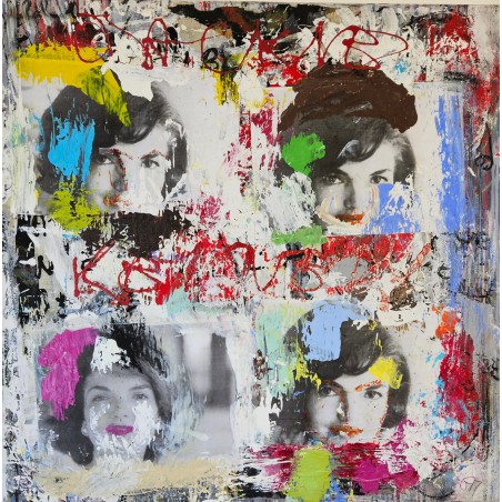 Peinture contemporaine, tableau moderne figuratif, pop art, acrylique et collage sur toile 100x100cm intitulée: jackie Kennedy