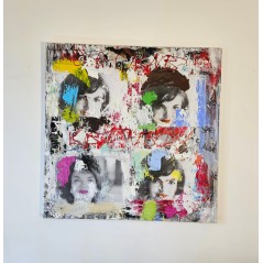 Peinture contemporaine, tableau moderne figuratif, pop art, acrylique et collage sur toile 100x100cm intitulée: jackie Kennedy