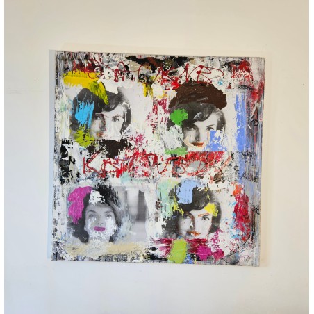 Peinture contemporaine, tableau moderne figuratif, pop art, acrylique et collage sur toile 100x100cm intitulée: jackie Kennedy