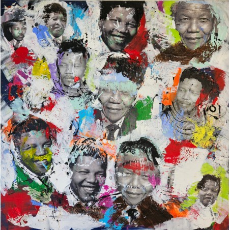 Peinture contemporaine, tableau moderne figuratif, pop art, acrylique et collage sur toile 100x100cm intitulée: Mandela