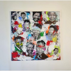 Peinture contemporaine, tableau moderne figuratif, pop art, acrylique et collage sur toile 100x100cm intitulée: Mandela