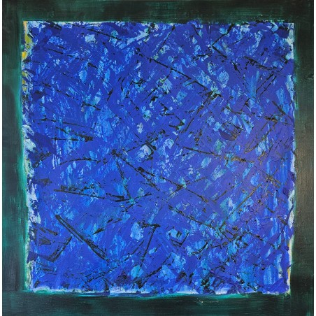 Tableau contemporain abstrait, acrylique sur toile 100x100cm, abstraction bleu et cadre vert