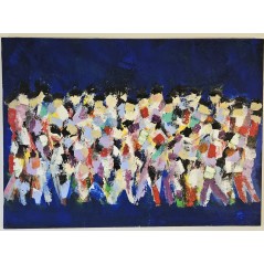 Peinture contemporaine  figurative, acrylique sur toile 100x73cm: hommes qui marchent abstrait fond bleu