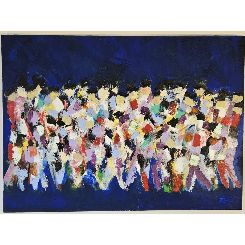Peinture contemporaine  figurative, acrylique sur toile 100x73cm: hommes qui marchent abstrait fond bleu