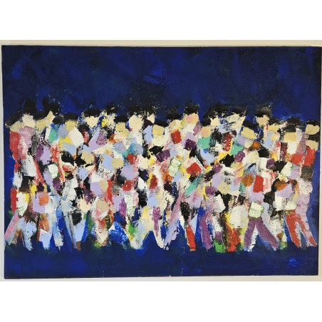 Peinture contemporaine  figurative, acrylique sur toile 100x73cm: hommes qui marchent abstrait fond bleu