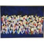 Peinture contemporaine  figurative, acrylique sur toile 100x73cm: hommes qui marchent abstrait fond bleu