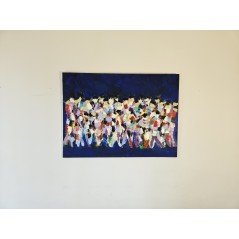 Peinture contemporaine  figurative, acrylique sur toile 100x73cm: hommes qui marchent abstrait fond bleu