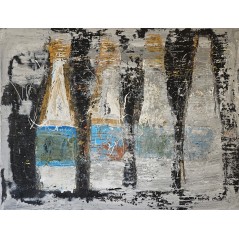 Peinture contemporaine, tableau moderne abstrait, acrylique sur toile 116x89cm intitulée bouteilles.
