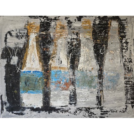 Peinture contemporaine, tableau moderne abstrait, acrylique sur toile 116x89cm intitulée bouteilles.
