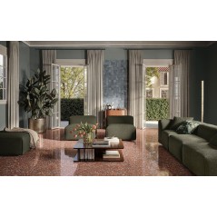 Carrelage imitation terrazzo, granito mat ou brillant rectifié 60x120cm et 120x120cm, sur fond rouge santaplus sunset