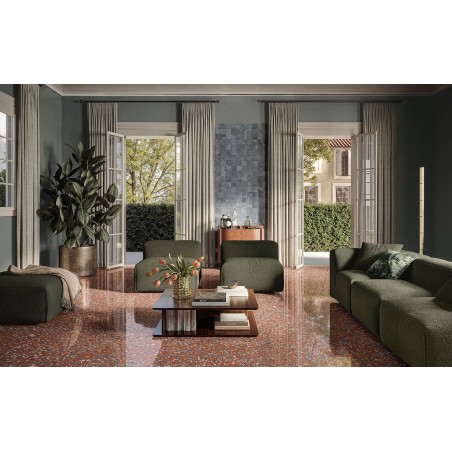 Carrelage imitation terrazzo, granito mat ou brillant rectifié 60x120cm et 120x120cm, sur fond rouge santaplus sunset