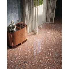 Carrelage imitation terrazzo, granito mat ou brillant rectifié 60x120cm et 120x120cm, sur fond rouge santaplus sunset